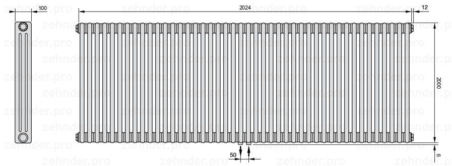 Схема (чертеж) Радиатор Zehnder Charleston 3200/44 №5410 Белый глянцевый RAL 9016